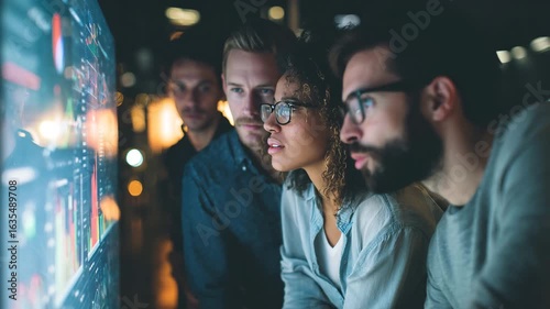 Group of people closely watching large digital screen in dark room during team planning and analysis session