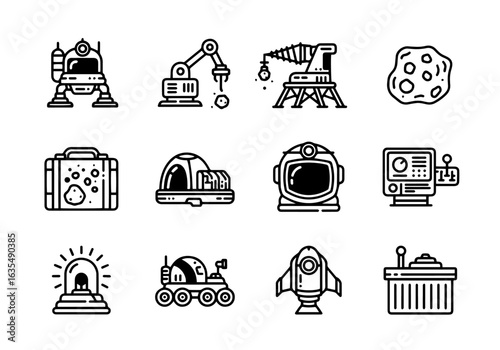 Space Exploration & Robotics Vector Icon Set | Bold Line Style | Robot, Rover, Spacesuit, Rocket, Satellite, Astronaut, Space Station Icons

