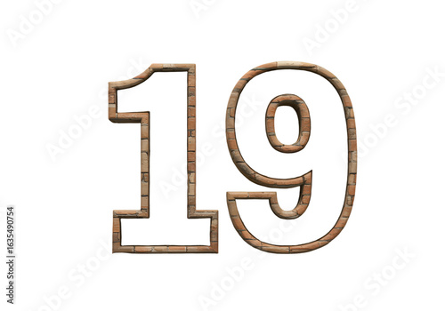 Isolated 3D Illustration Of Brick Textured Number 19 On Transparent Background