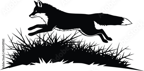 A captivating silhouette of a fox leaping through lush grass, showcasing its wild beauty and predatory nature in a timeless vector illustration