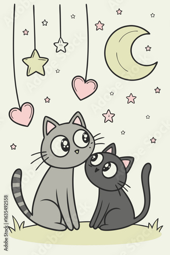 Vector of cat couple under starry sky with hanging hearts and glowing moon 