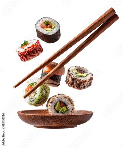Sushi rolls in mid-air, caught by chopsticks over a wooden bowl