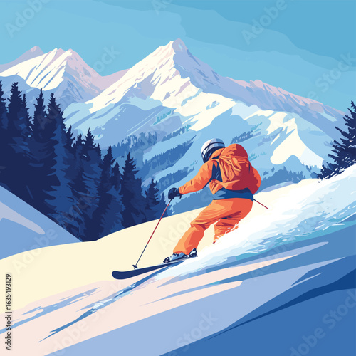 Advanced skier slides near mountain downhill