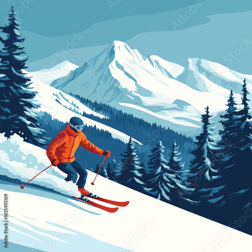 Advanced skier slides near mountain downhill