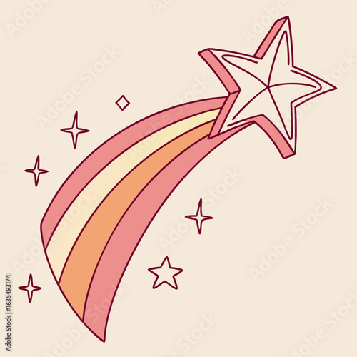 Star vector whimsical pink shooting star with rainbow tail suitable for kids designs, greeting cards, posters, and fantasythemed projects.