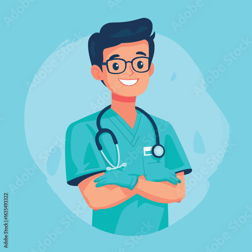 Illustration of a smiling doctor in scrubs, wearing gloves and stethoscope, on a light blue abstract background