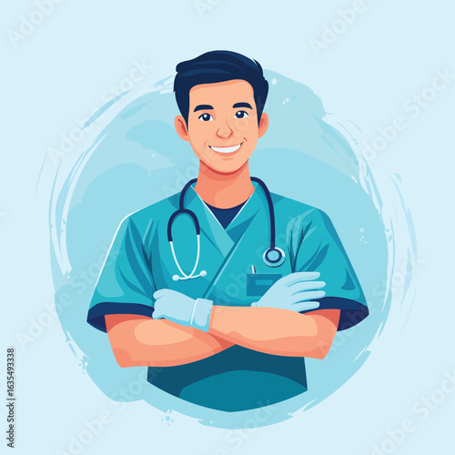 Illustration of a smiling doctor in scrubs, wearing gloves and stethoscope, on a light blue abstract background