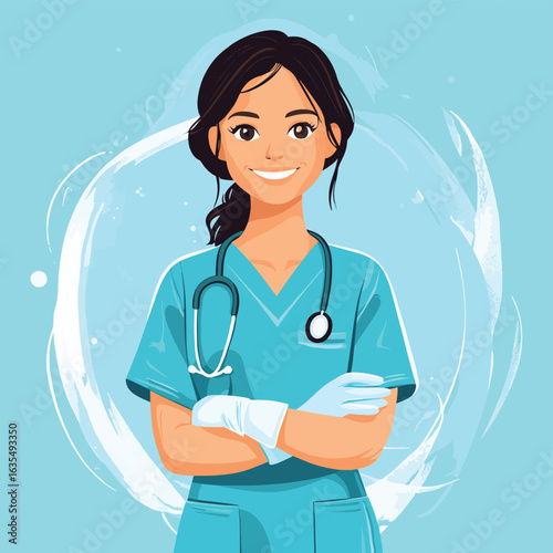 Illustration of a smiling doctor in scrubs, wearing gloves and stethoscope, on a light blue abstract background