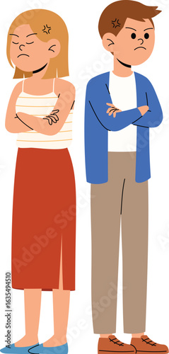 Relationship Conflict Between Boyfriend and Girlfriend, Angry Man and Woman Turning Their Backs to Each Other, Unhappy Male Sulking, Upset Female Pouting, Couple Problems Issue Fighting illustration