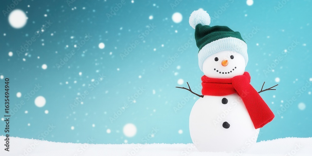 Fototapeta premium Cheerful snowman with red scarf and green hat on snowy winter day.