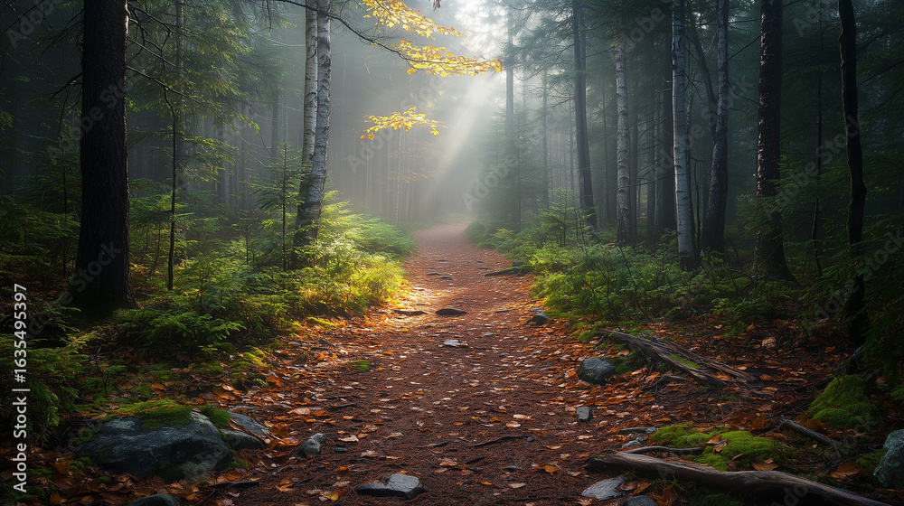Fototapeta premium Sunlight streaming through a forest path with green trees, perfect for nature, tranquility, and peaceful outdoor inspiration concepts