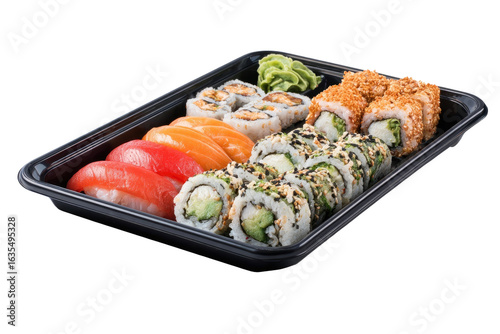 Assorted sushi platter in black takeout container.  Colorful mix of nigiri, maki, and rolls
