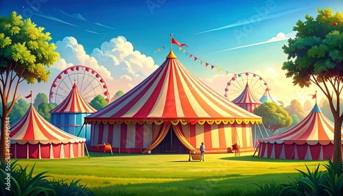 Colorful circus tents in a park-like setting.