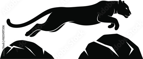 A black panther leaps gracefully between two rocks, showcasing its agility and power, this silhouette embodies the wild nature of this magnificent feline