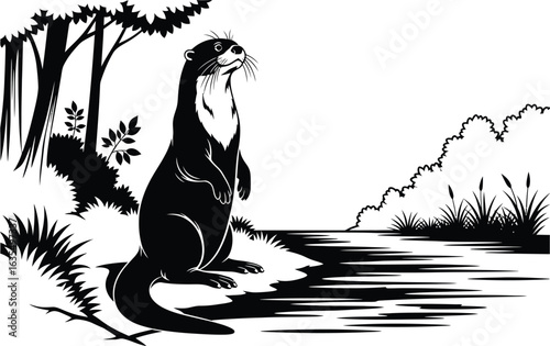 An enchanting otter illustration, capturing the playful nature of this aquatic mammal in a serene river setting with lush trees and tranquil waters
