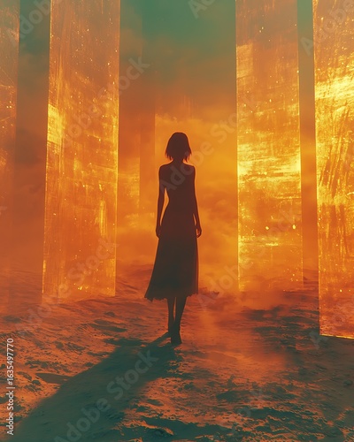 Silhouetted figure mockup with glowing orange light panels

