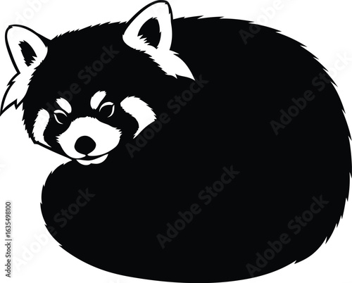 A cute red panda silhouette curled up, showcasing its fluffy fur and adorable face, this image captures the essence of this endangered species in its natural habitat