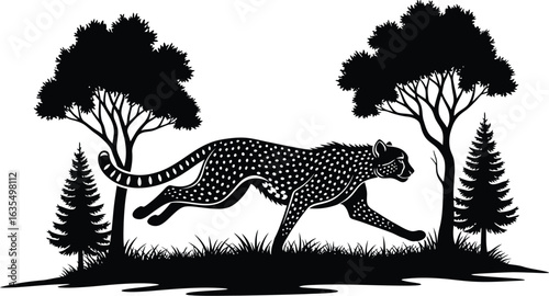 A cheetah sprints through a forest, its silhouette a testament to its speed and agility, this image captures the essence of the wild and untamed nature