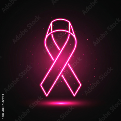 Glowing Pink Ribbon A Symbol of Hope and Awareness Against Breast Cancer on Dark Backdrop with Sparkles