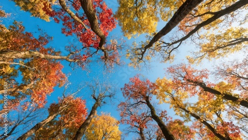 In the autumn forest, tree branches interweave, colored leaves adorn, against the clear blue sky, fully showcasing the season's gorgeousness and tranquility.