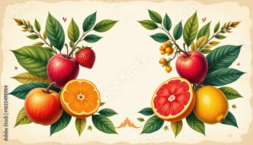 Retro botanical poster design with tropical fruits arranged in symmetrical layout