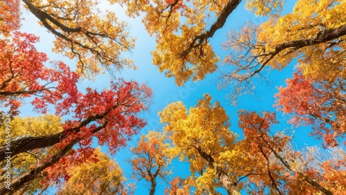 In the autumn forest, tree branches interweave, colored leaves adorn, against the clear blue sky, fully showcasing the season's gorgeousness and tranquility.