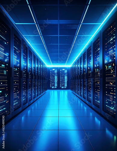 Dark server room with blue neon lighting, rows of data servers, reflective floor