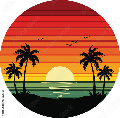 stylish elegant modern detailed professional high quality Silhouette Sunset on Tranquil Waters with Palm Trees on transparent background