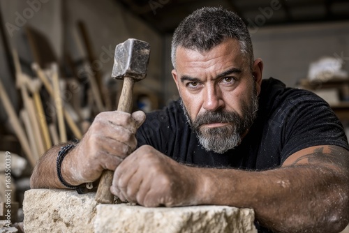 A close-up portrait of a mason with a focused expression, his face showing determination and concentration