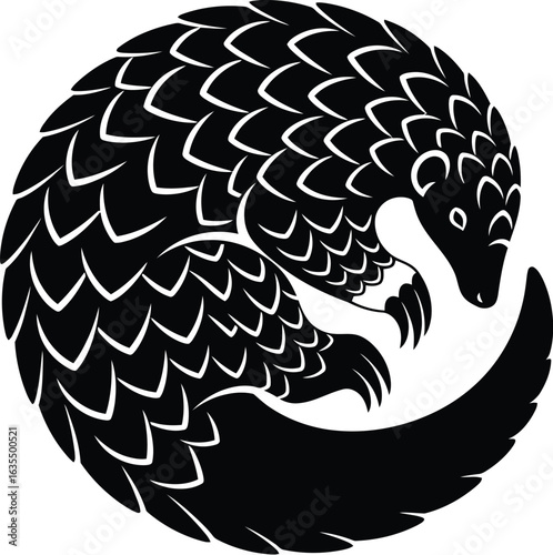 A captivating monochrome illustration of a pangolin, showcasing its unique scaled armor as it curls into a protective ball, a symbol of resilience and adaptation