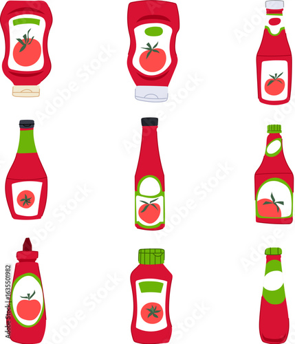 ketchup bottle set cartoon vector illustration