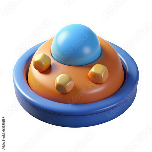 Cartoon UFO with Blue Dome and Orange Base flying saucer isolated on a transparent background