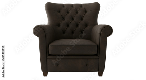 Isolated Brown Tufted Armchair Front View 3D Illustration on Transparent Background