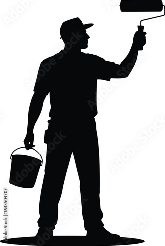 Painter with roller and bucket silhouette painting