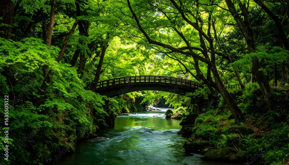 Fototapeta premium Lush forest stream with arched bridge