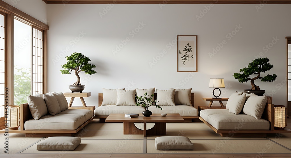 Fototapeta premium Serene Japanese style living room with minimalist wooden furniture, bonsai trees, and tatami mat flooring creating a Zen ambiance.