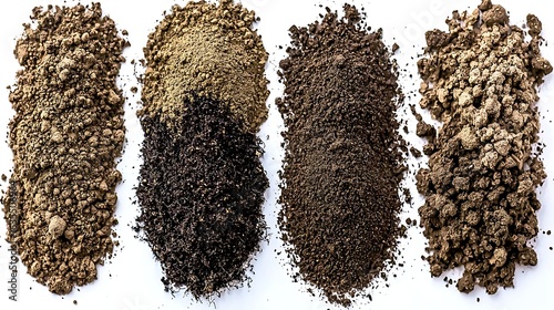 Distinct soil layers arranged side by side on white background, captured with 24-135mm zoom lens, macro focus on texture and color diversity