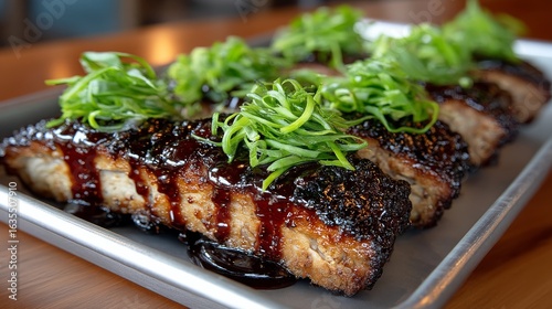 Savory caramelized pork belly with green onion garnish on a metal tray,
