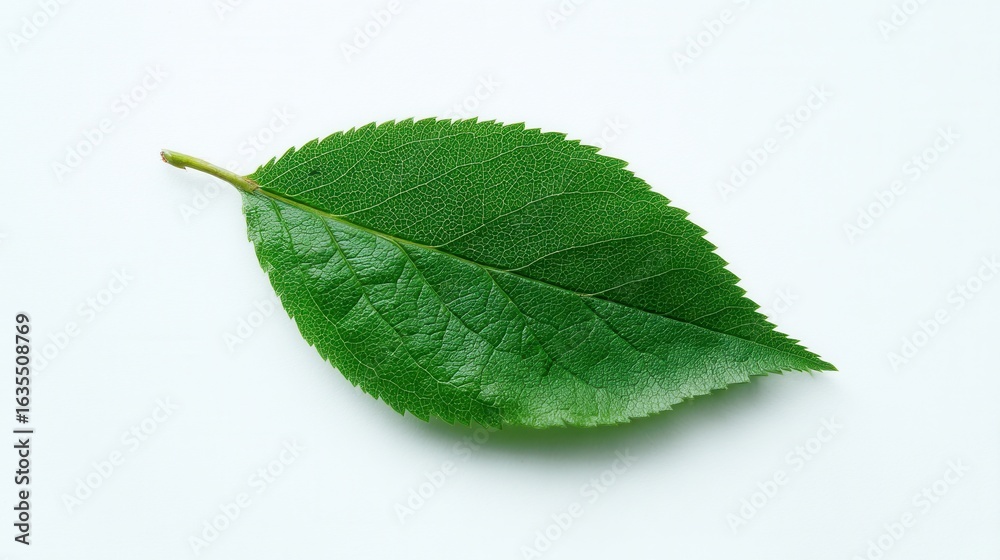 Fototapeta premium A single green leaf on a white background. The leaf has a smooth texture and a prominent central vein. It represents nature and freshness.