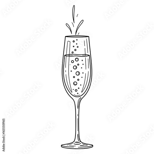 Champagne glass with bubbles and splashes in sketched style  