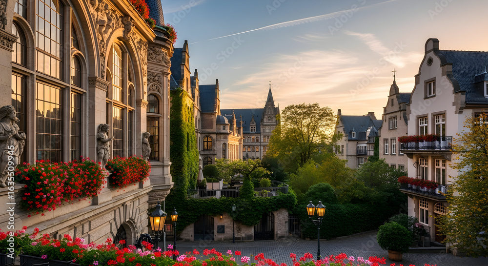 Obraz premium European-style street with beautiful buildings, flower boxes on windows, and lush green trees lining the walkway