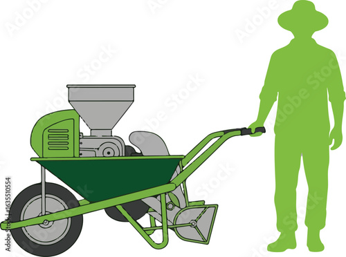 Agricultural seed drill planter with farmer silhouette. Vector illustration for farming, gardening, and cultivation.