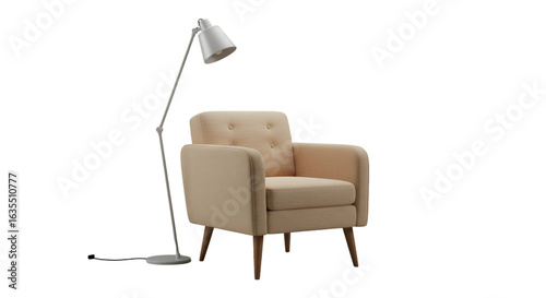 Isolated Modern Beige Armchair and Lamp on Transparent Background