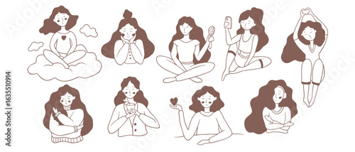 Self-Care and wellbeing vector illustrations. Women’s daily rituals. Whimsical doodle illustrations of girls. Illustrations in trendy mocha mousse color
