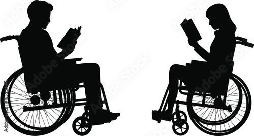 Silhouette of man and woman in wheelchairs reading books, disability education concept, inclusive reading, accessible learning, vector illustration