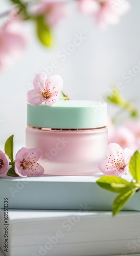 Wallpaper Mural Skincare cream jar with pink cherry blossoms cosmetic Torontodigital.ca