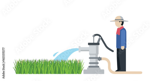 A farmer in a hat manually operates a hand water pump, irrigating a lush green field. This vector illustration symbolizes agriculture and sustainable water usage.