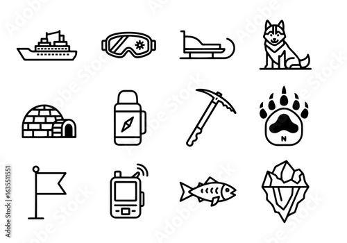 Arctic & Exploration Vector Icon Set | Bold Line Style | Icebreaker, Goggles, Sled, Igloo, Compass, Ice Axe, Bear Paw, Flag, Fish, Iceberg Icons

