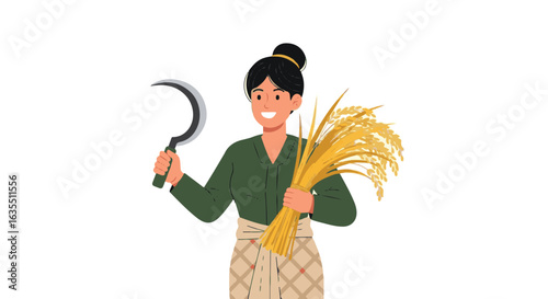 Happy female farmer in traditional Asian attire holding a sickle and a sheaf of rice during the harvest season. A vector illustration.