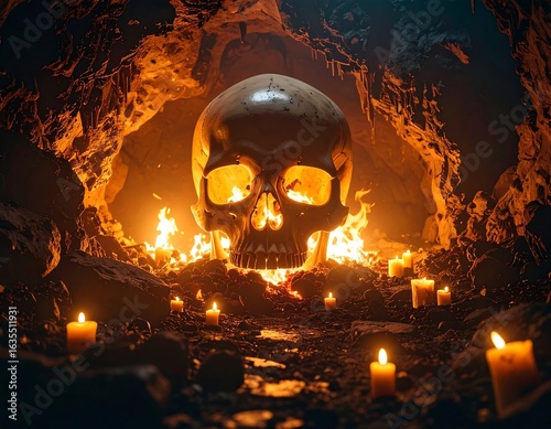 Glowing skull amidst flickering candles in a dark cave